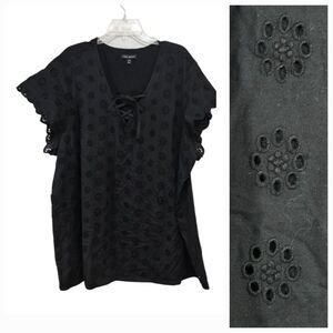 Lane Bryant Black Eyelet Lace Blouse Women's Plus Size 26/28 Cotton Tie Neck Top